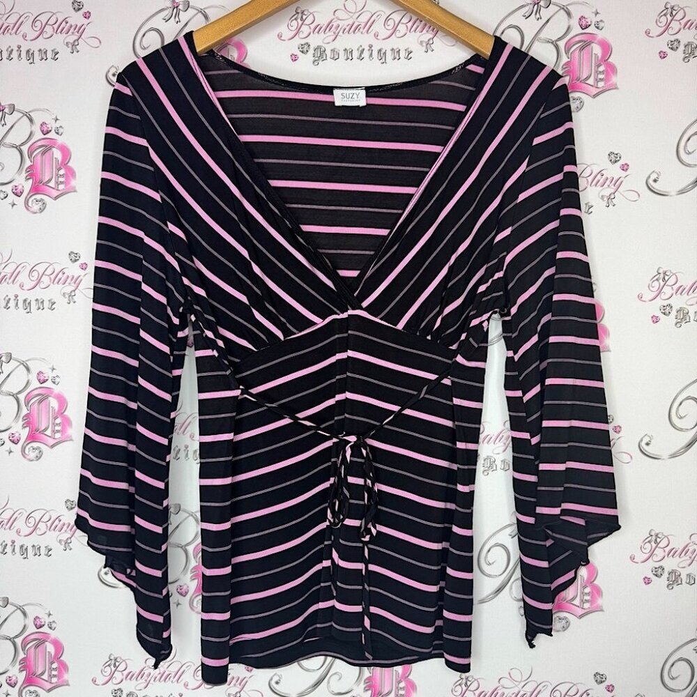 Suzy Shier fairy hem belted flowy Black Pink Striped bell bottom Top